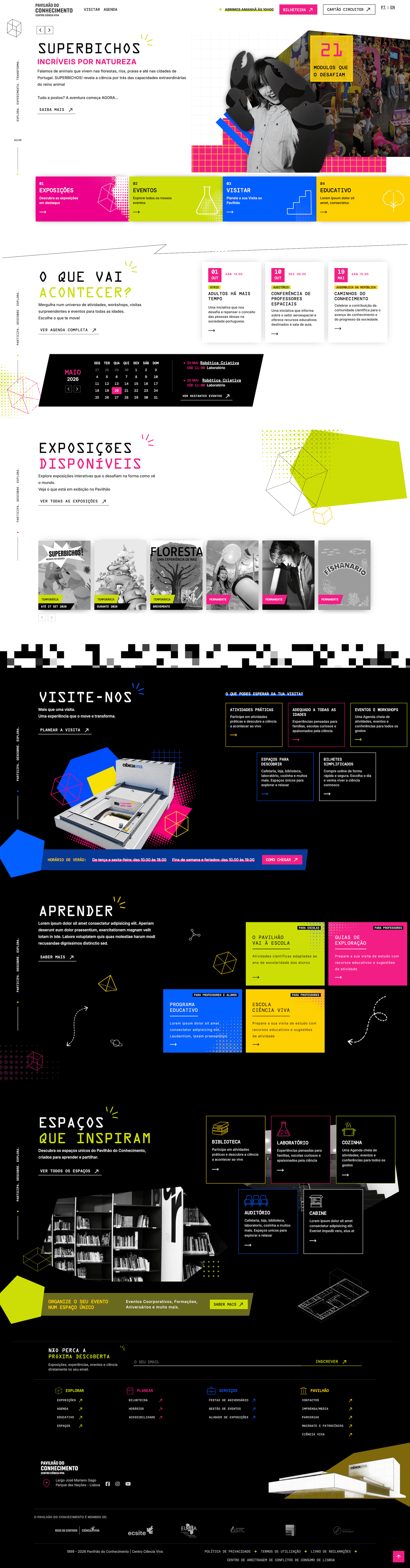 Homepage completa do Pavilhão do Conhecimento, do topo ao rodapé