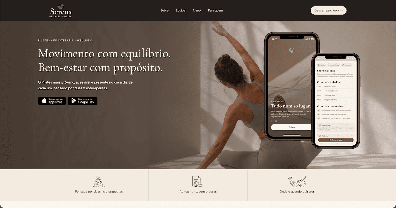 Landing page da app Serena — Wellness & Pilates